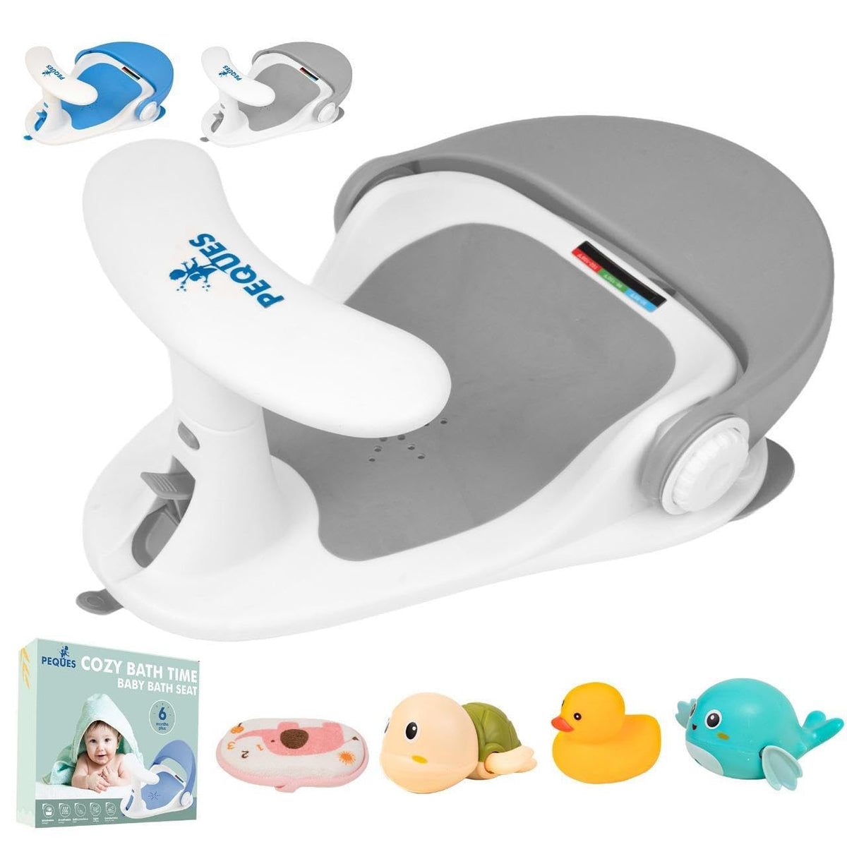 PEQUES Baby Bath Seat front buckle ensures quick, secure seating during bath time.