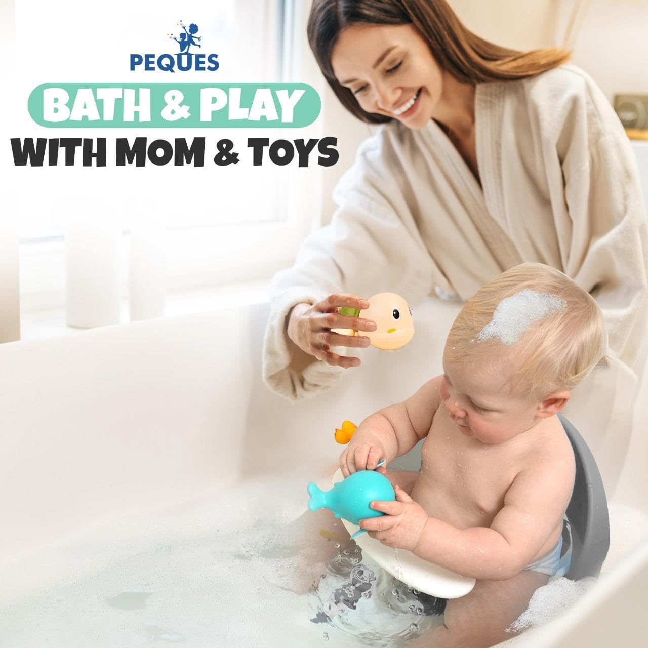 PEQUES Bath Seat reclining backrest adapts to growing babies for better posture.