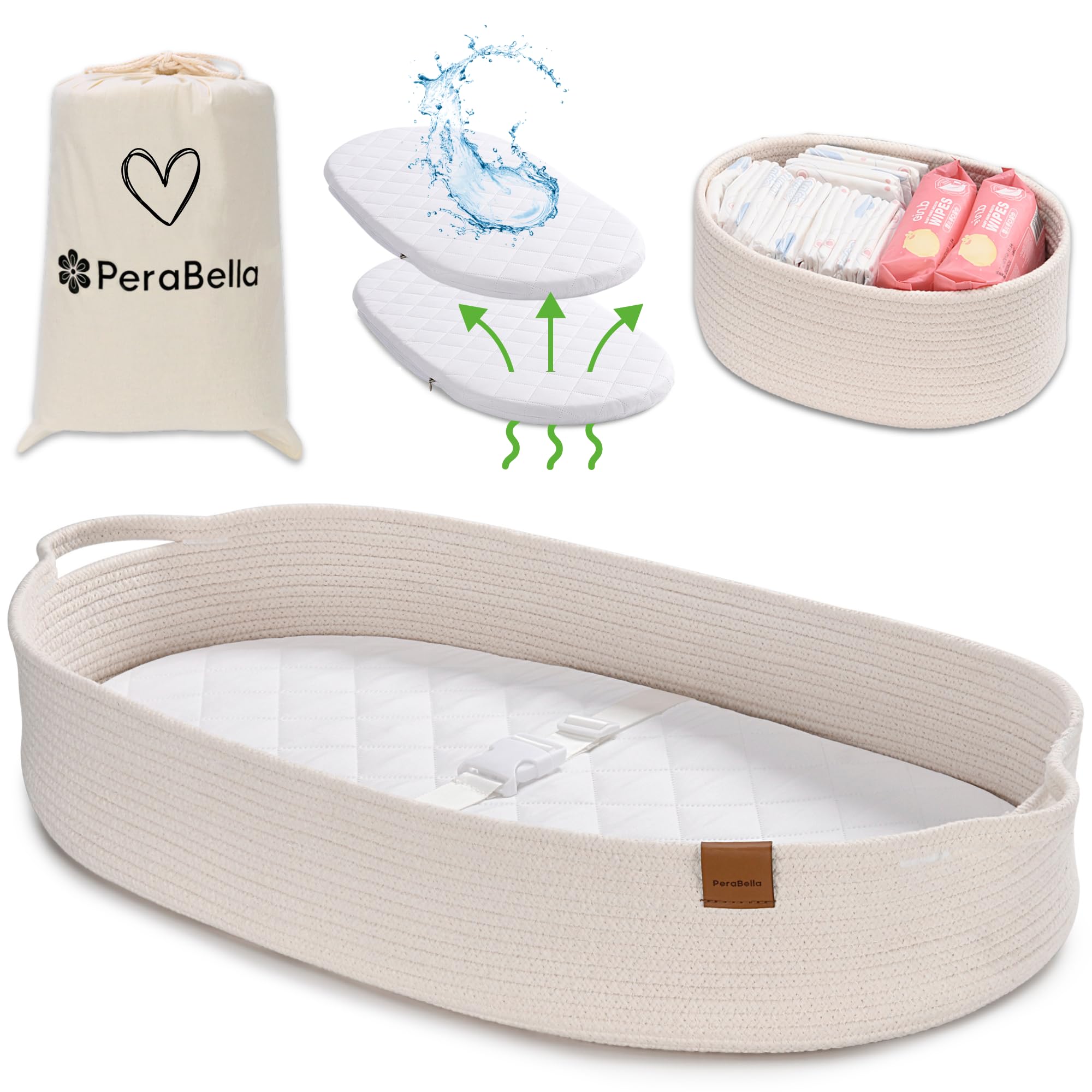 PeraBella baby changing basket shows durable cotton rope weave for diaper changes.