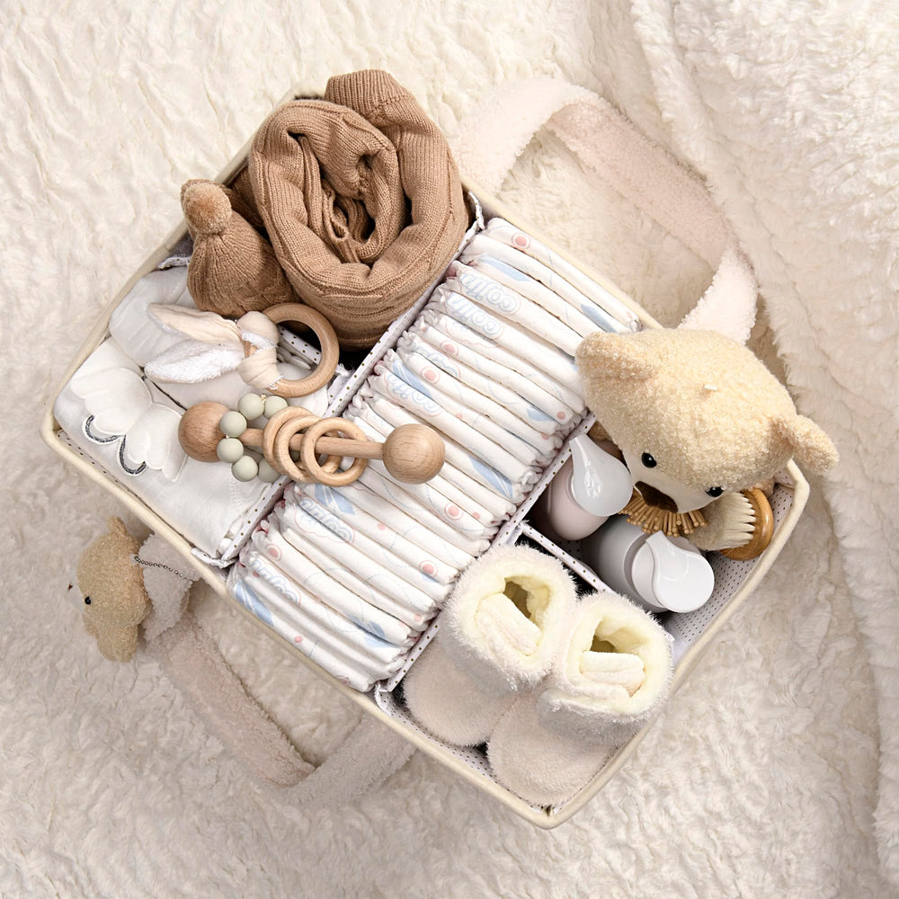 Perabella car organizer diaper caddy keeps baby items organized during trips.