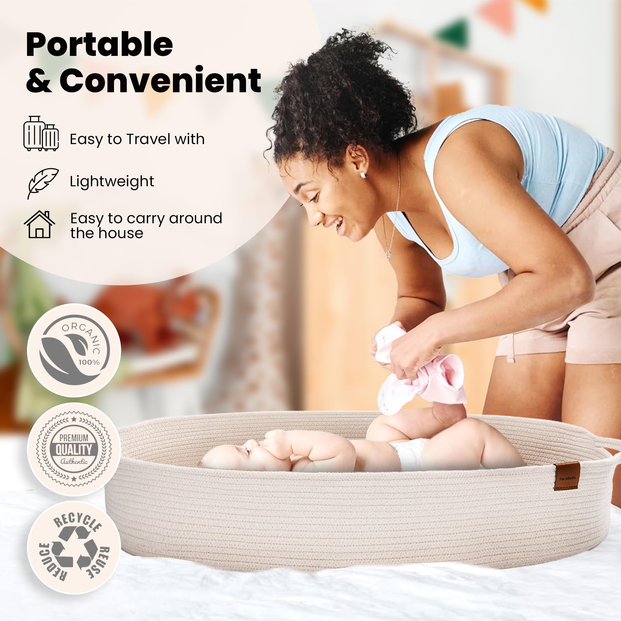 PeraBella changing basket features thick foam pad and waterproof cover for clean diapering.