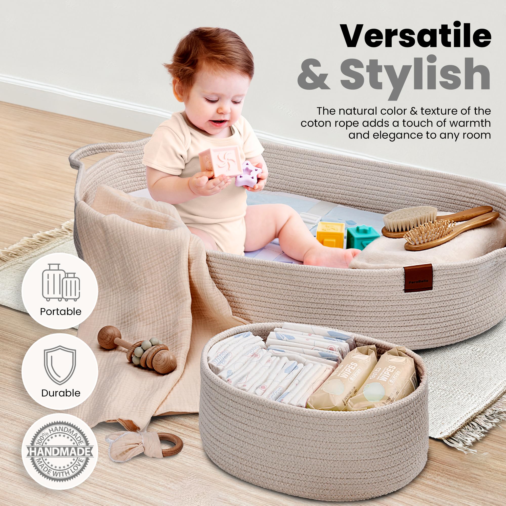 PeraBella changing basket doubles as toy storage for growing needs.