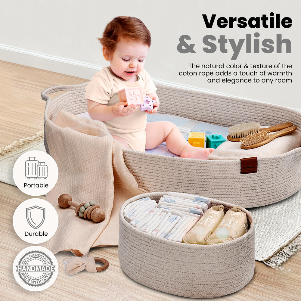 PeraBella changing basket doubles as toy storage for growing needs.