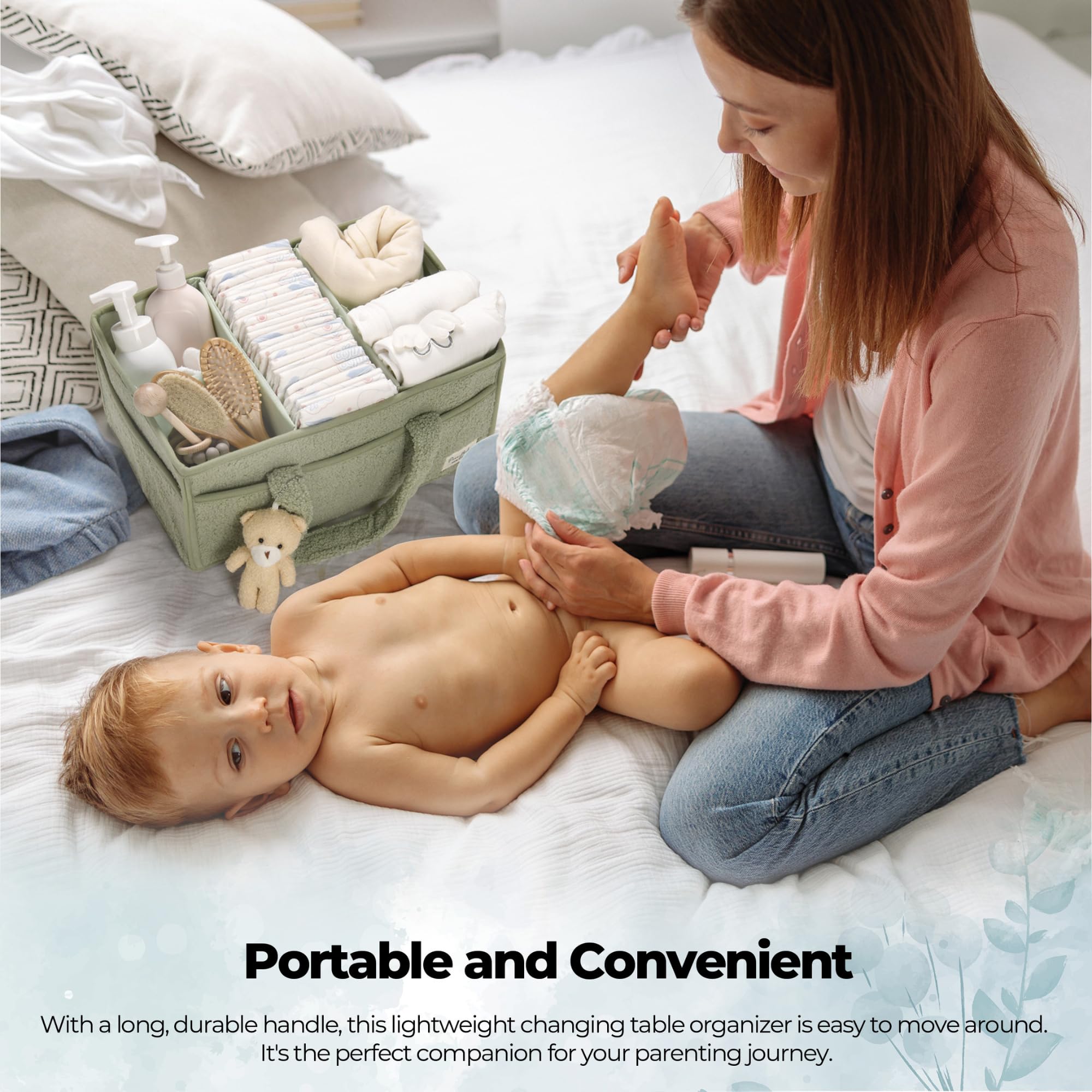 PeraBella caddy shown on changing table for quick diaper changes.