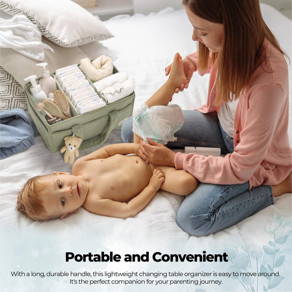 PeraBella caddy shown on changing table for quick diaper changes.