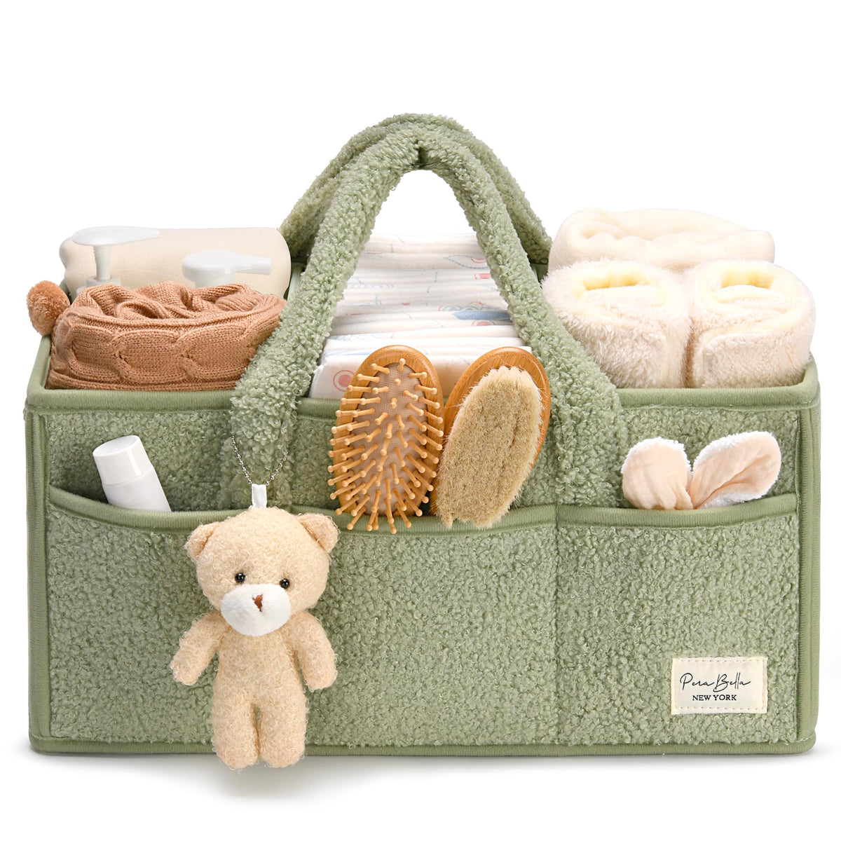 PeraBella diaper caddy exterior in plush sherpa enhances nursery décor and coziness.