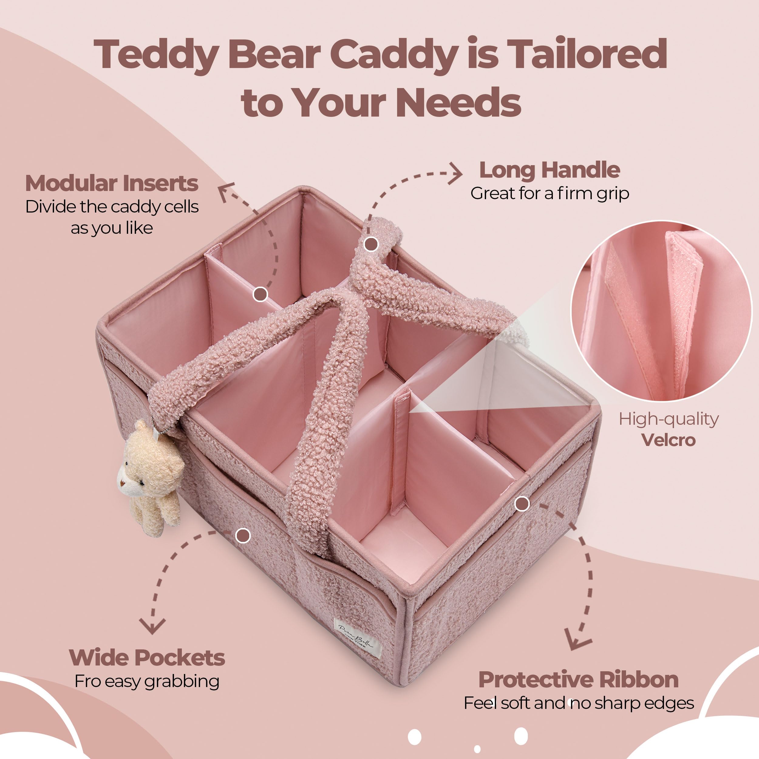 PeraBella diaper caddy multi-compartment design for wipes, clothes, and toys.