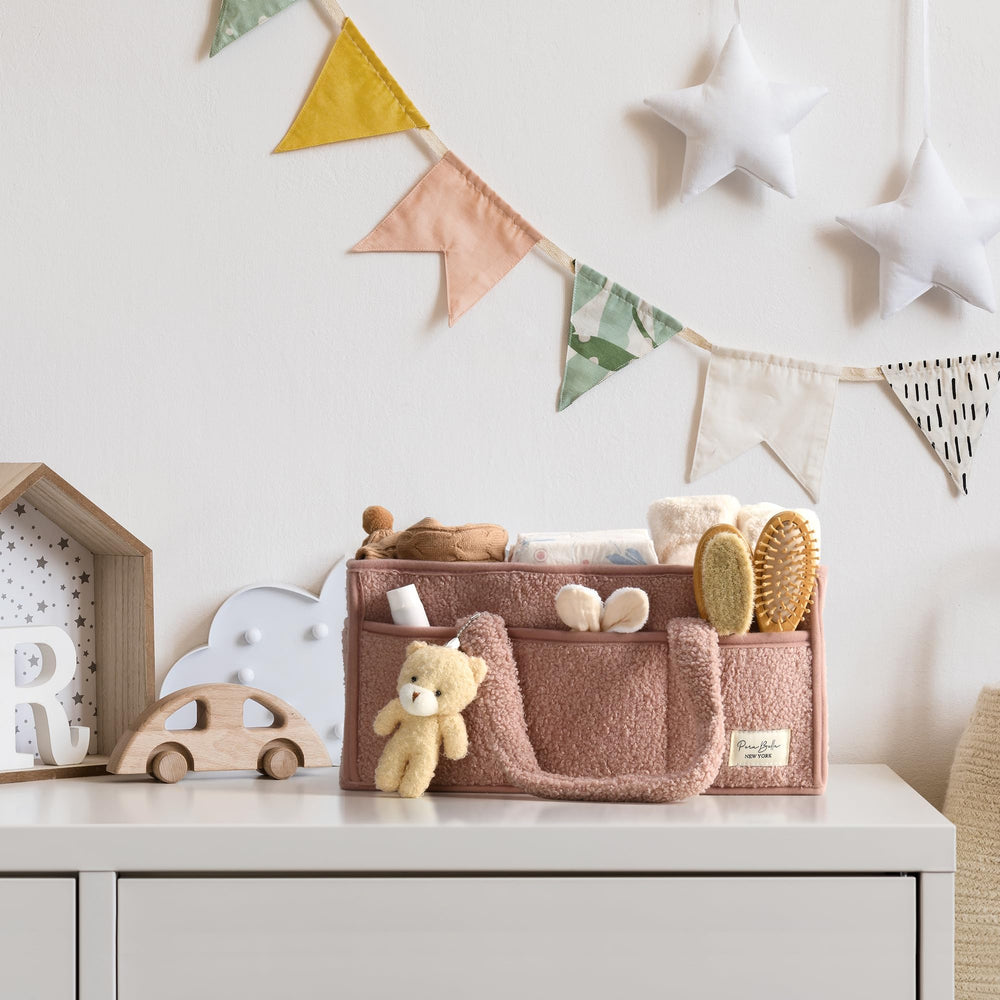 PeraBella diaper caddy fits nursery, bath time, and on-the-go.