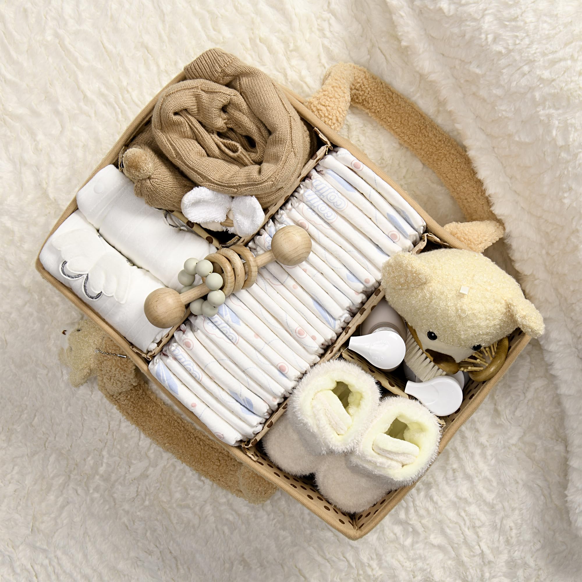 PeraBella Diaper Caddy plush sherpa exterior adds cozy nursery texture.