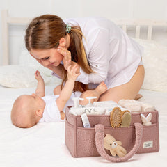 PeraBella plush sherpa exterior diaper caddy adds cozy nursery vibe.