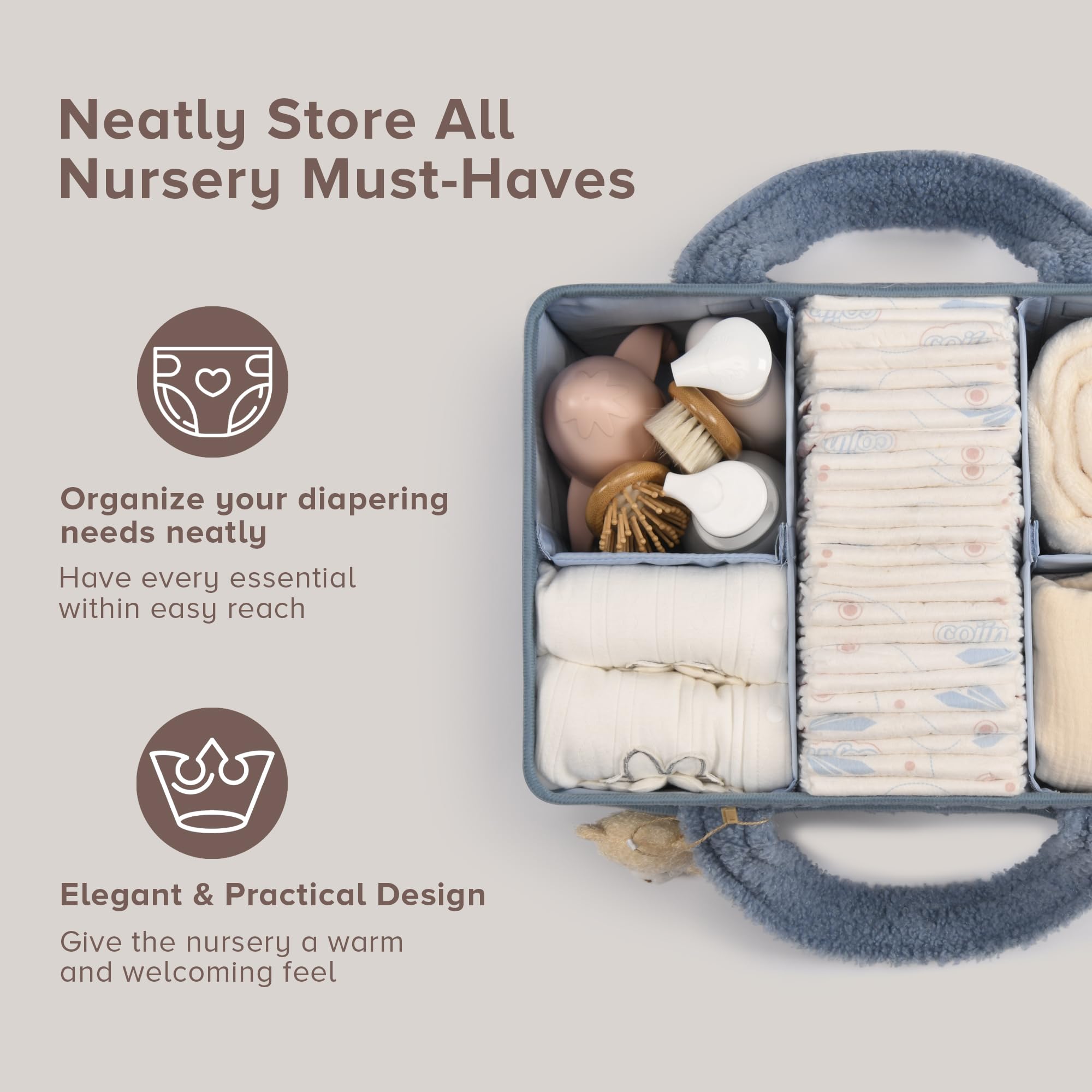 PeraBella diaper caddy with removable dividers for organized storage.