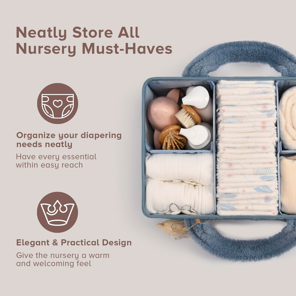 PeraBella diaper caddy with removable dividers for organized storage.