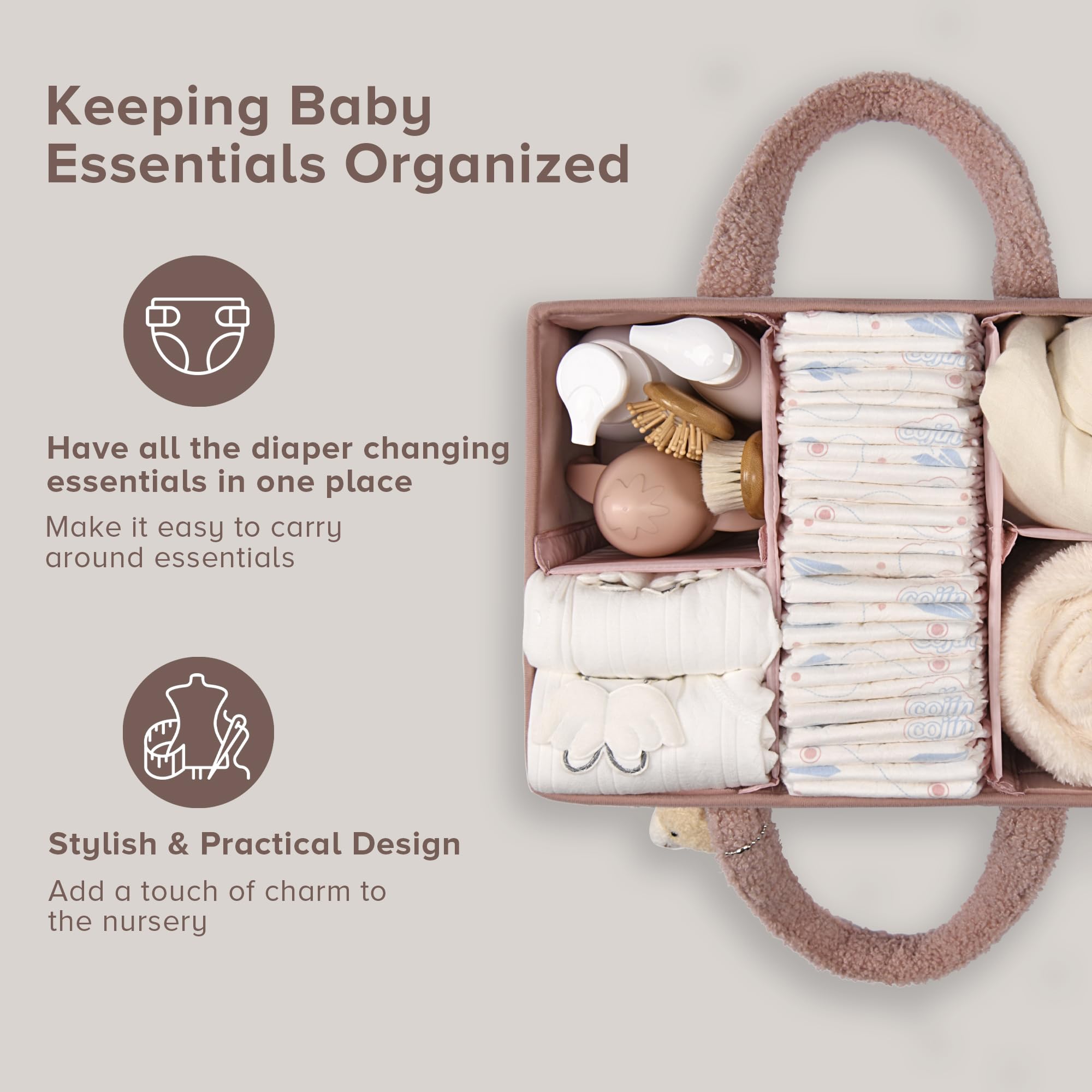 PeraBella diaper caddy with removable dividers for flexible storage.