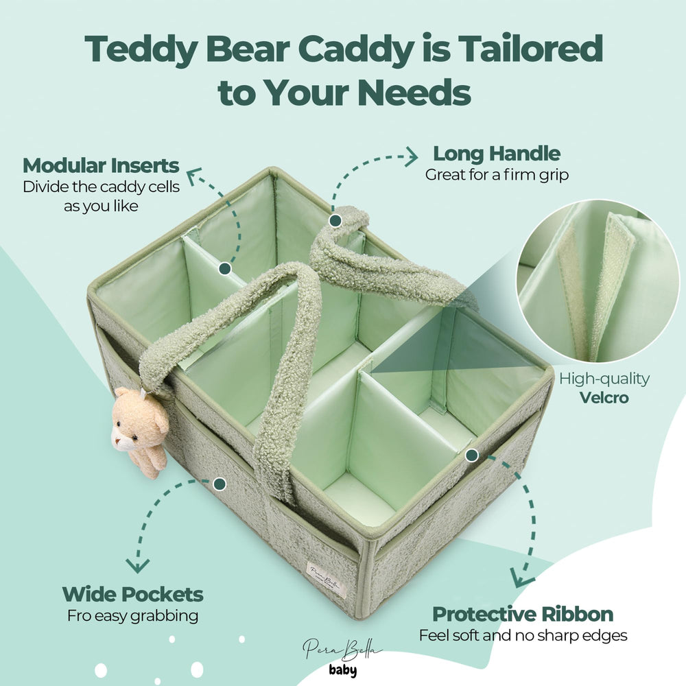 PeraBella teddy bear charm on the diaper caddy adds playful gifting detail.