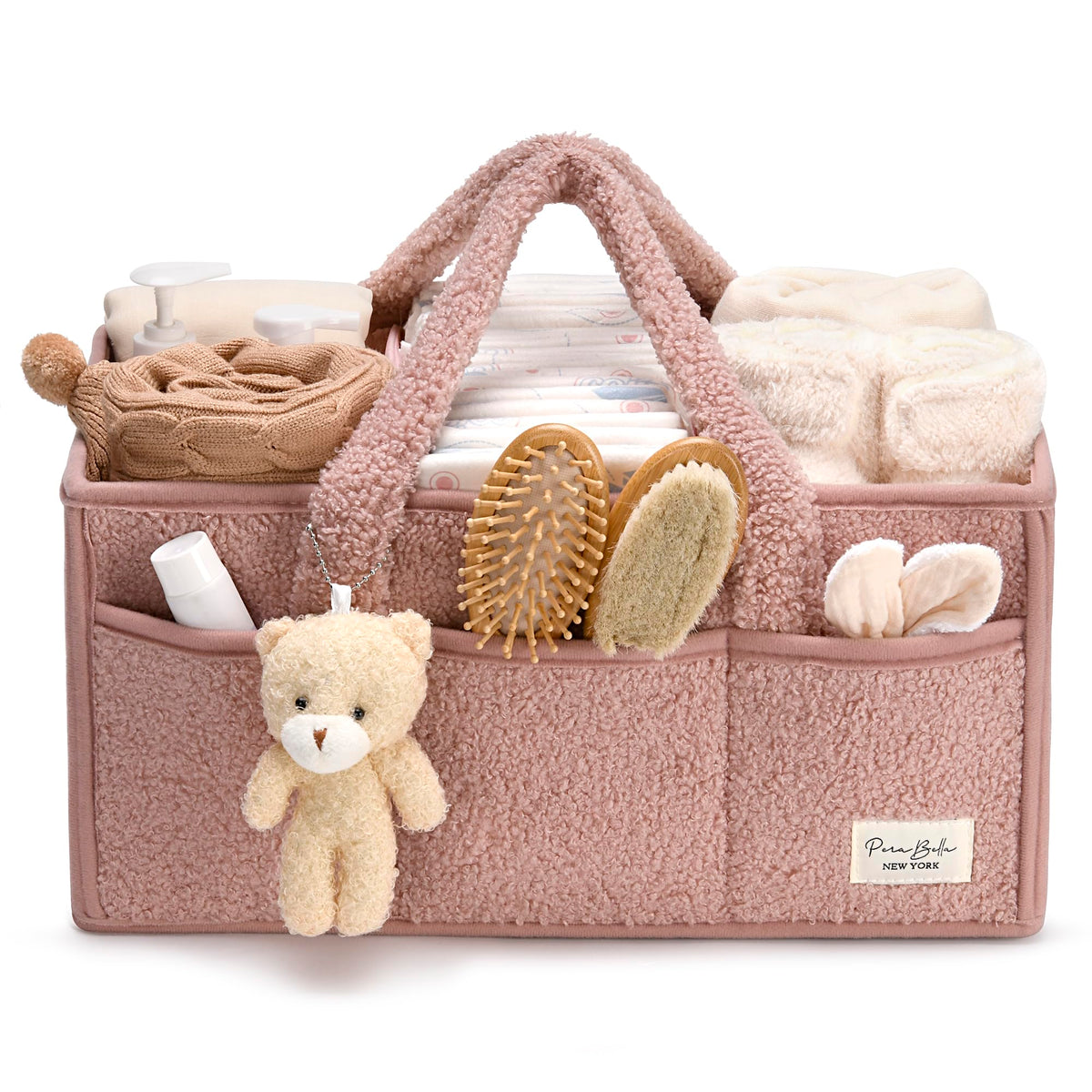 PeraBella diaper caddy with handle keeps baby essentials organized for travel.
