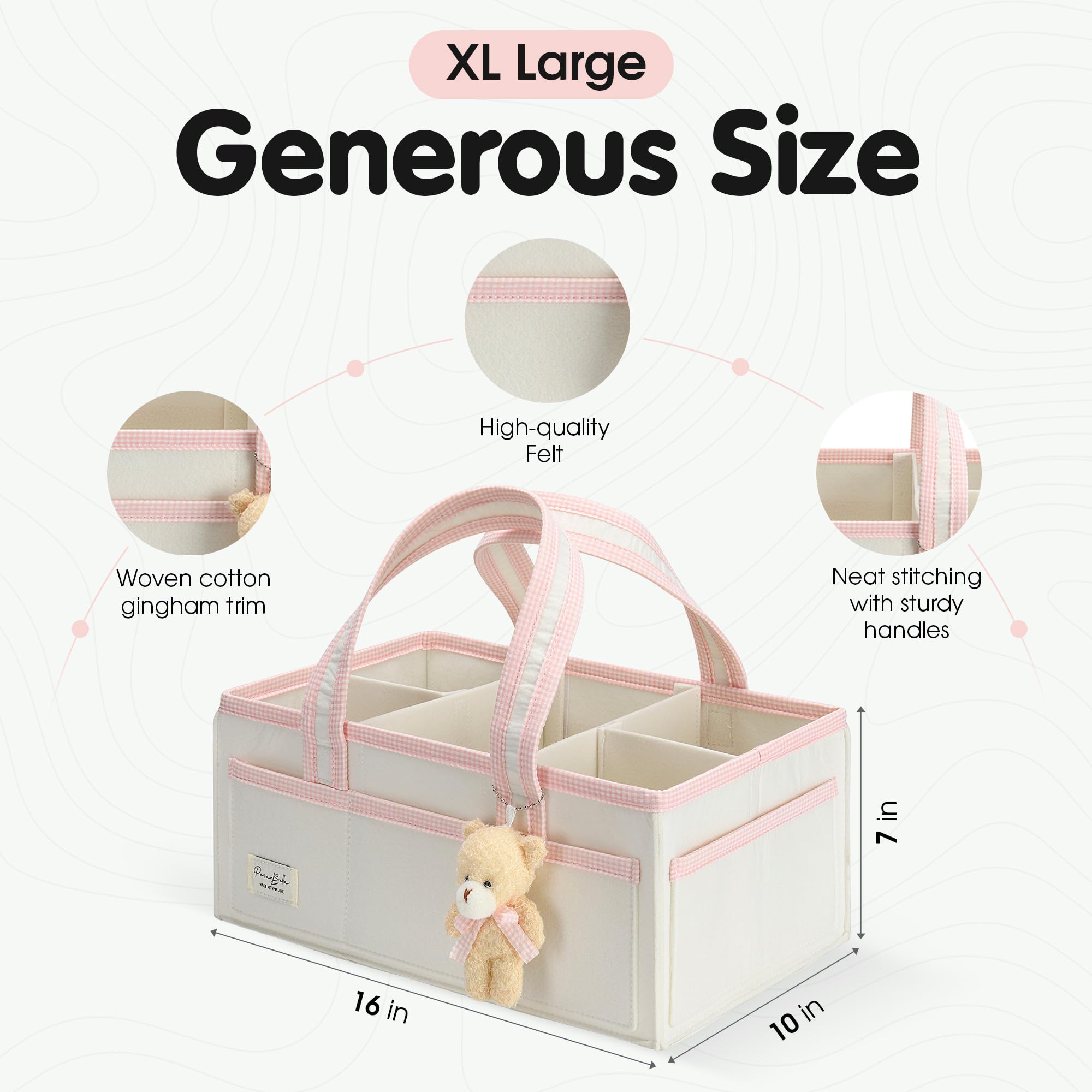 Perabella XL Diaper Caddy with bonus teddy bear charm adds playful nursery decor.