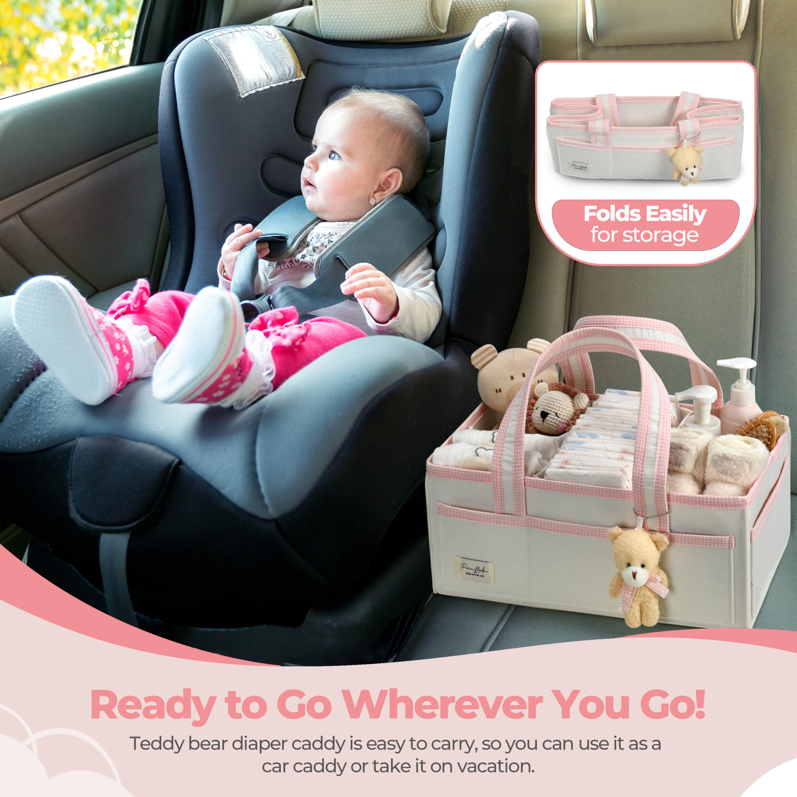 Perabella XL Diaper Caddy car use scenario supports on-the-go storage.
