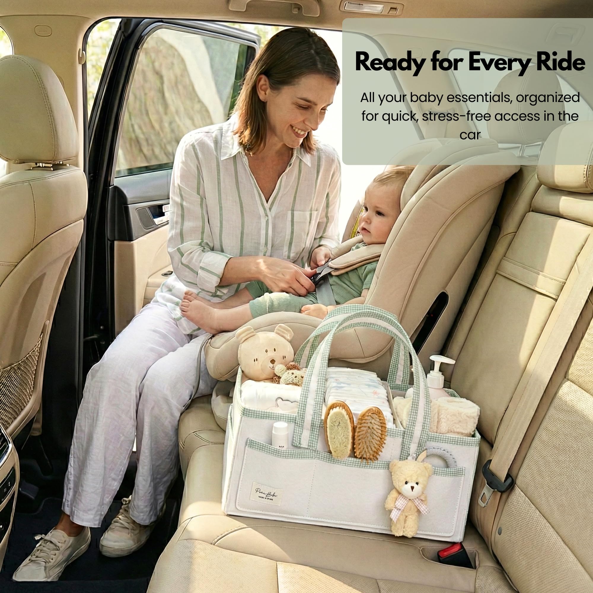 PeraBella XL diaper caddy on changing table provides dedicated storage and quick diaper access