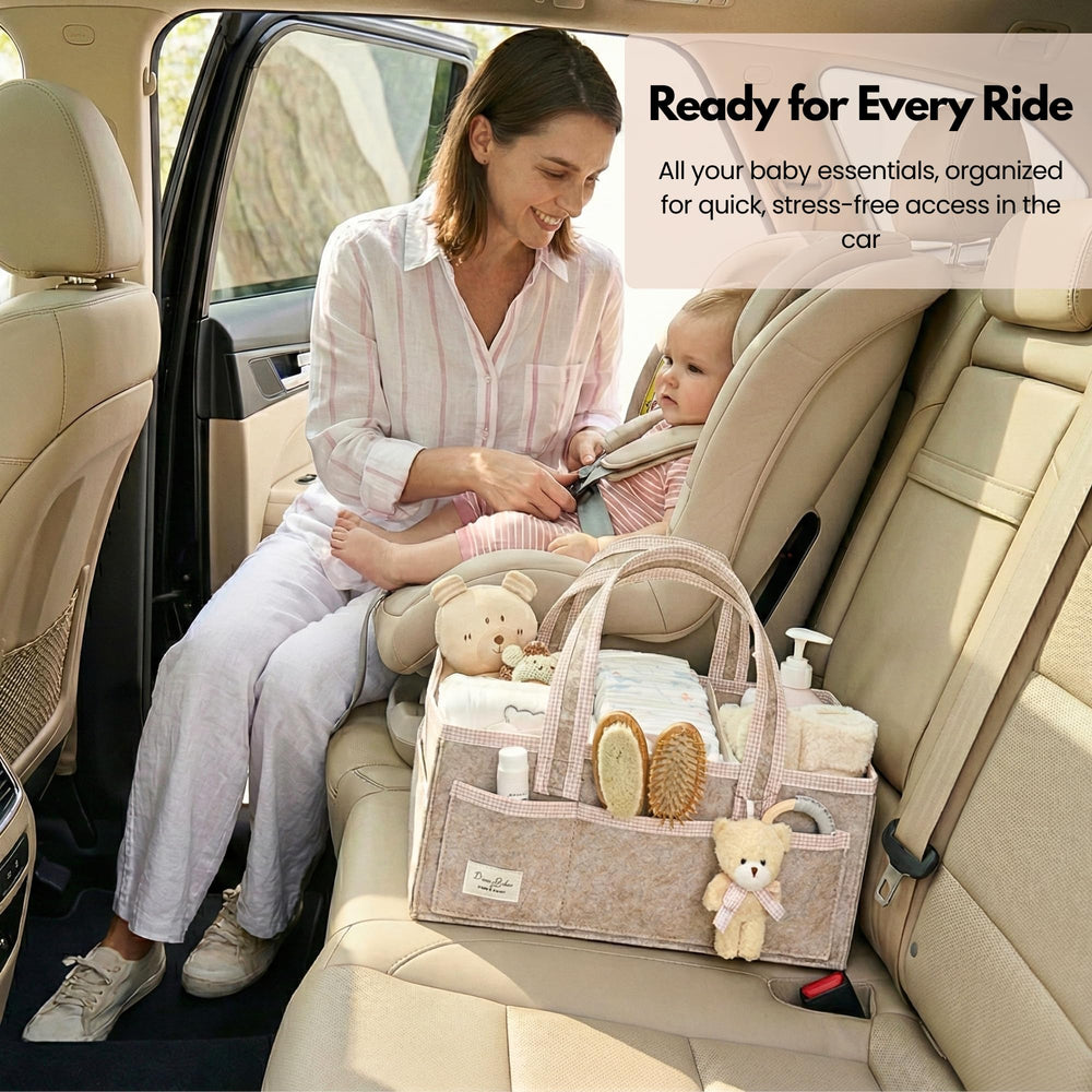 PeraBella XL diaper caddy neatly sits on changing tables as a portable station.