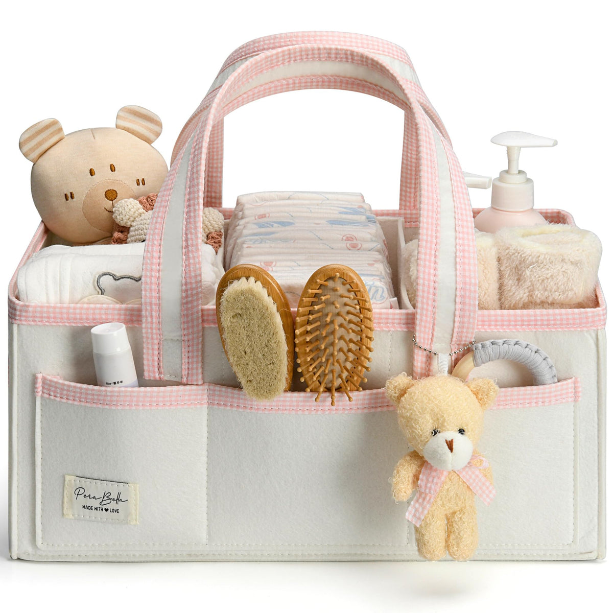 Perabela XL Diaper Caddy front view shows organized nursery storage for diapers and wipes.