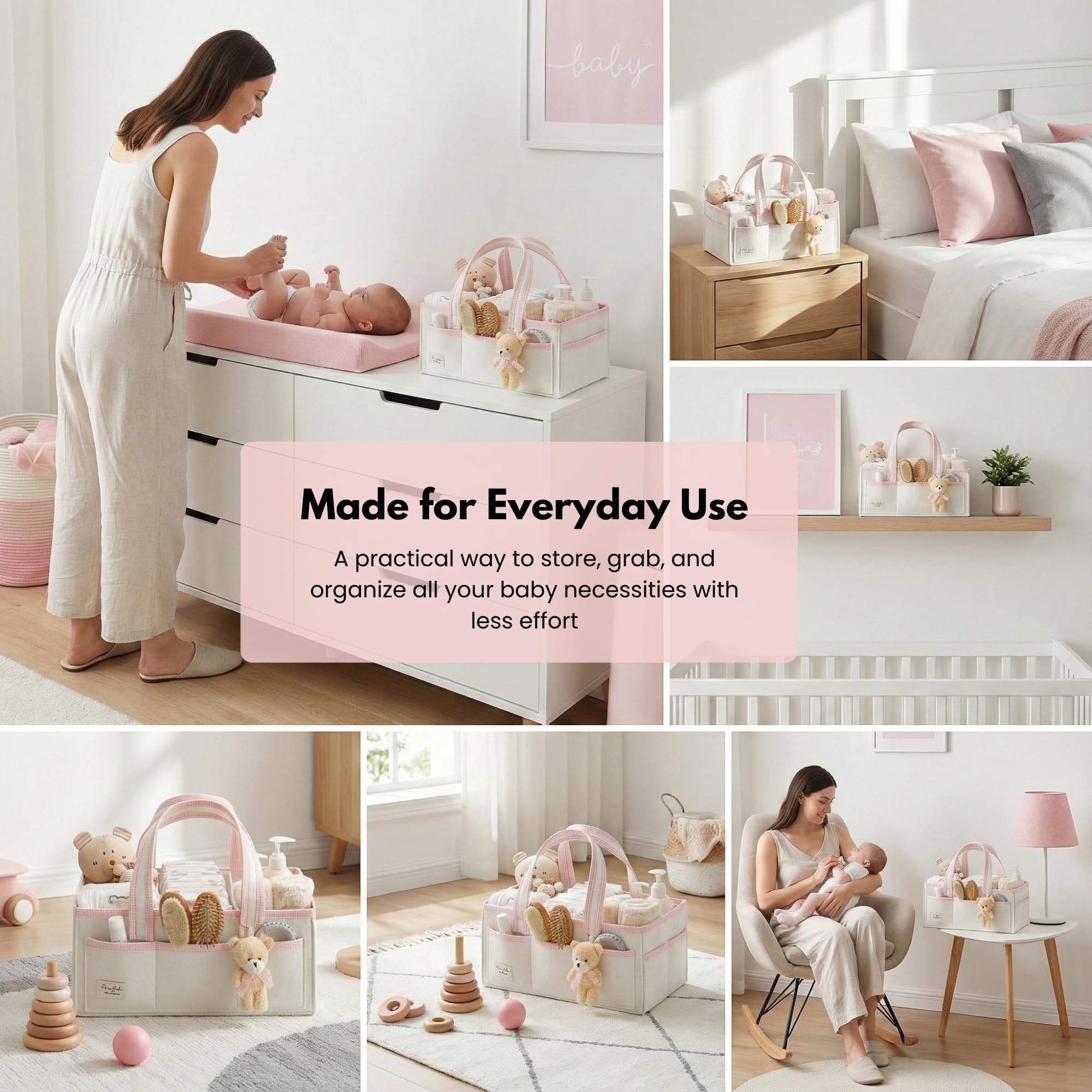 Perabella XL Diaper Caddy with sturdy handle ideal for travel and bedside diaper changes.