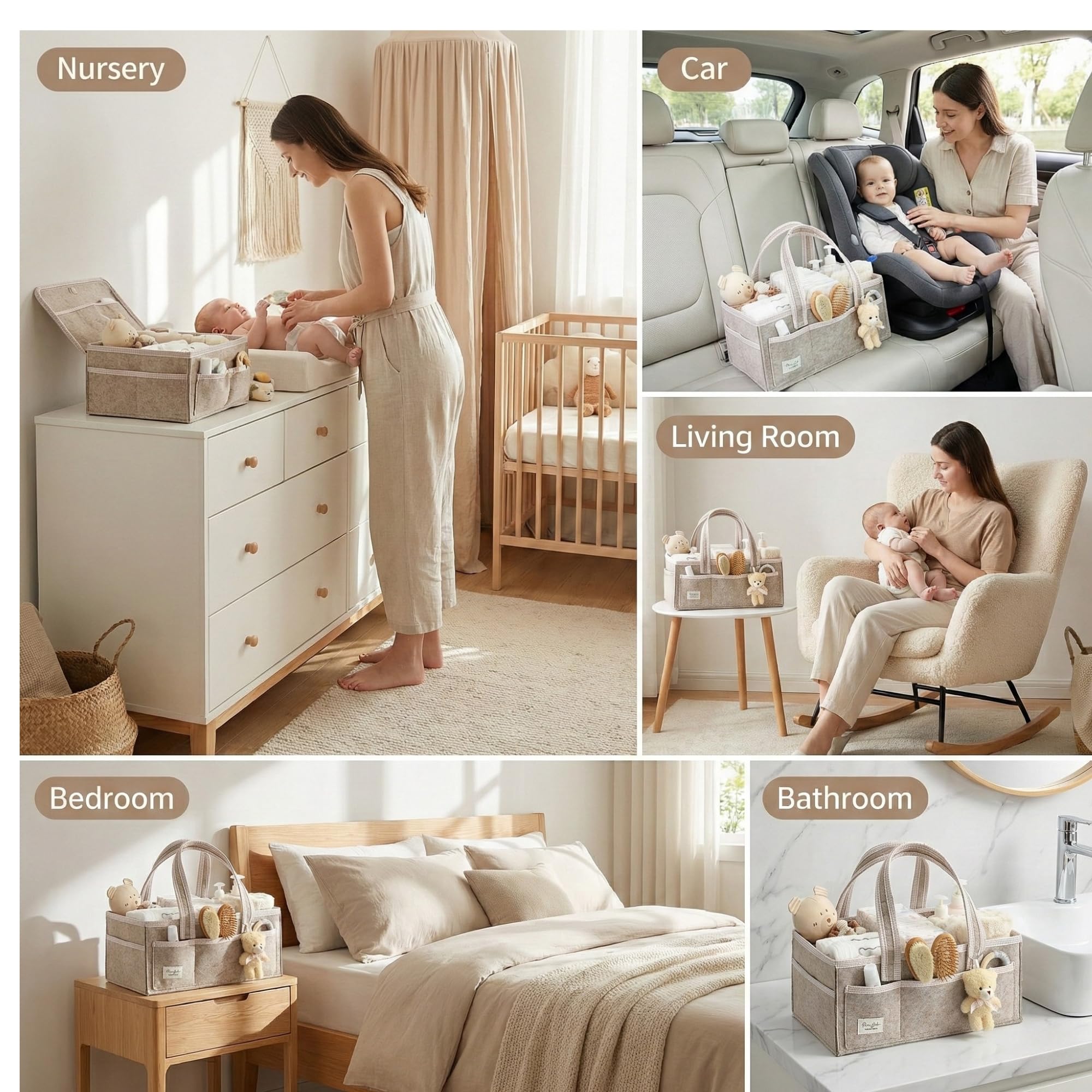 PeraBella XL caddy supports multi-use as nursery organizer, car caddy, or bedside station.