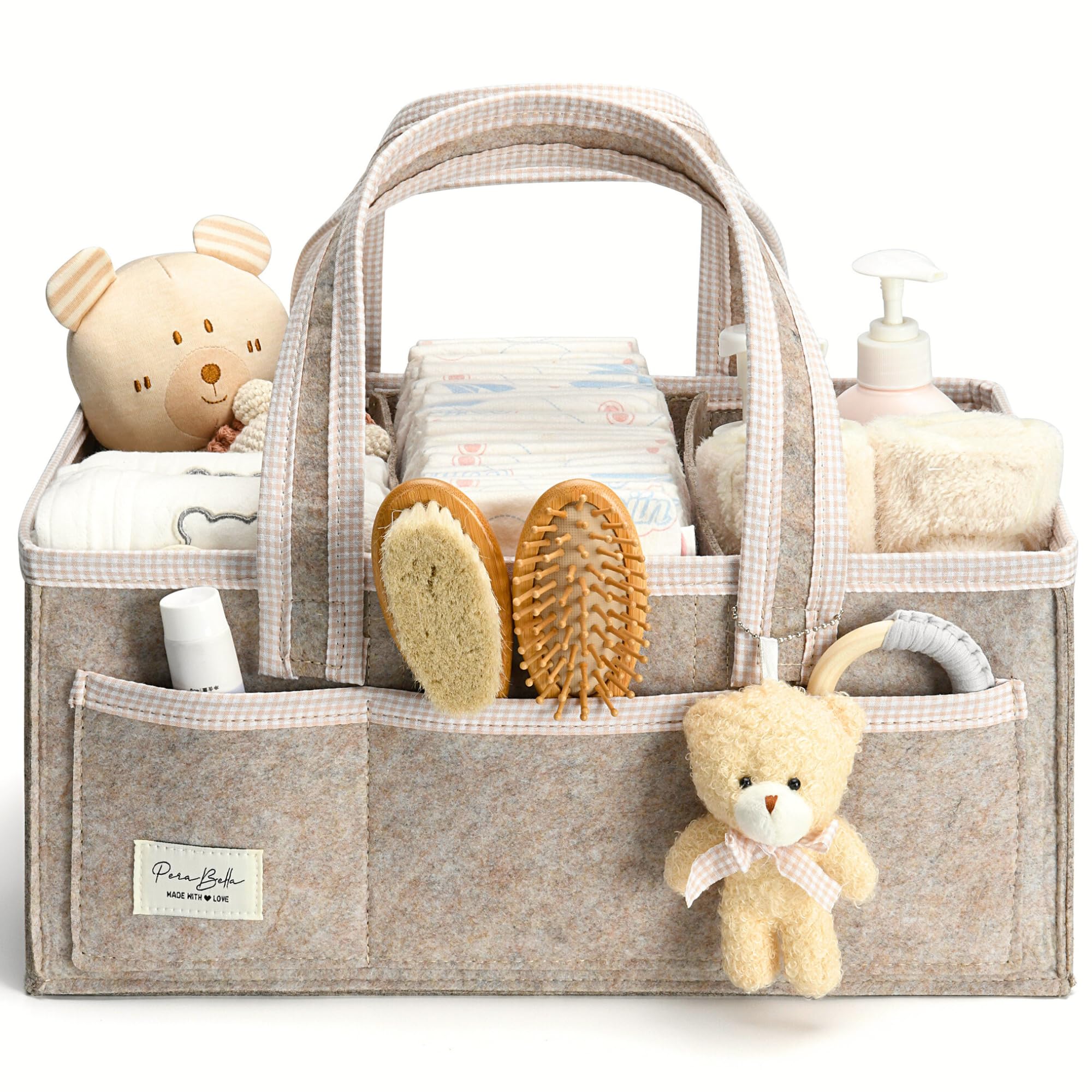 PeraBella XL diaper caddy organizer with handle keeps diapers and wipes within easy reach.
