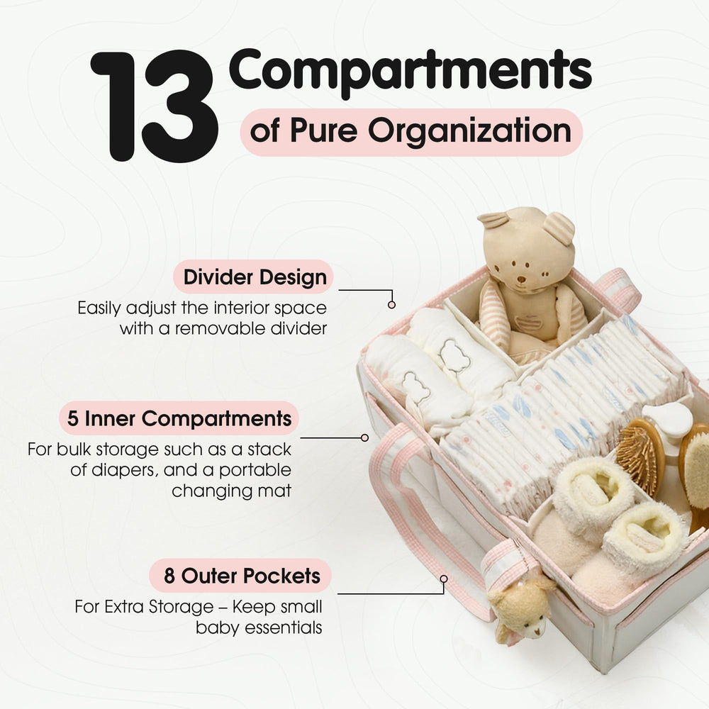 Perabella XL Diaper Caddy side pocket demonstrates easy access to essentials with eight compartments.
