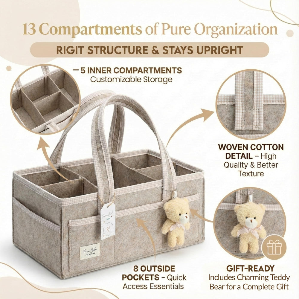 PeraBella XL diaper caddy with stylish felt exterior and teddy bear charm adds nursery charm.