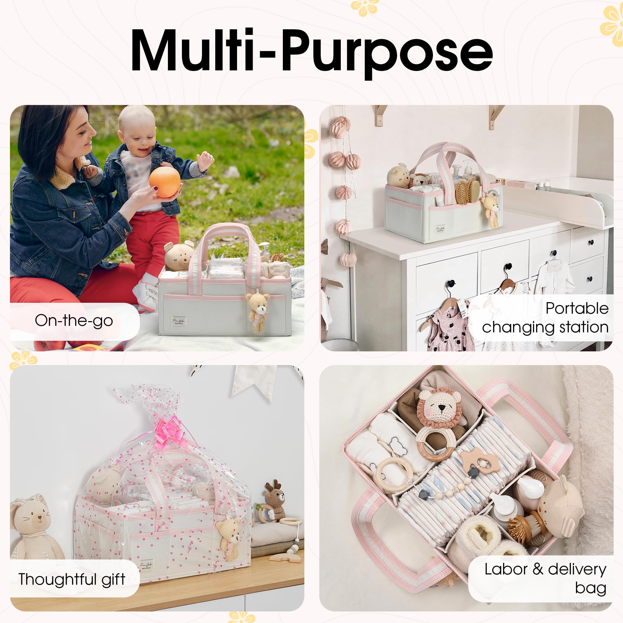 Perabella XL Diaper Caddy top view highlights its large interior for multiple baby items.