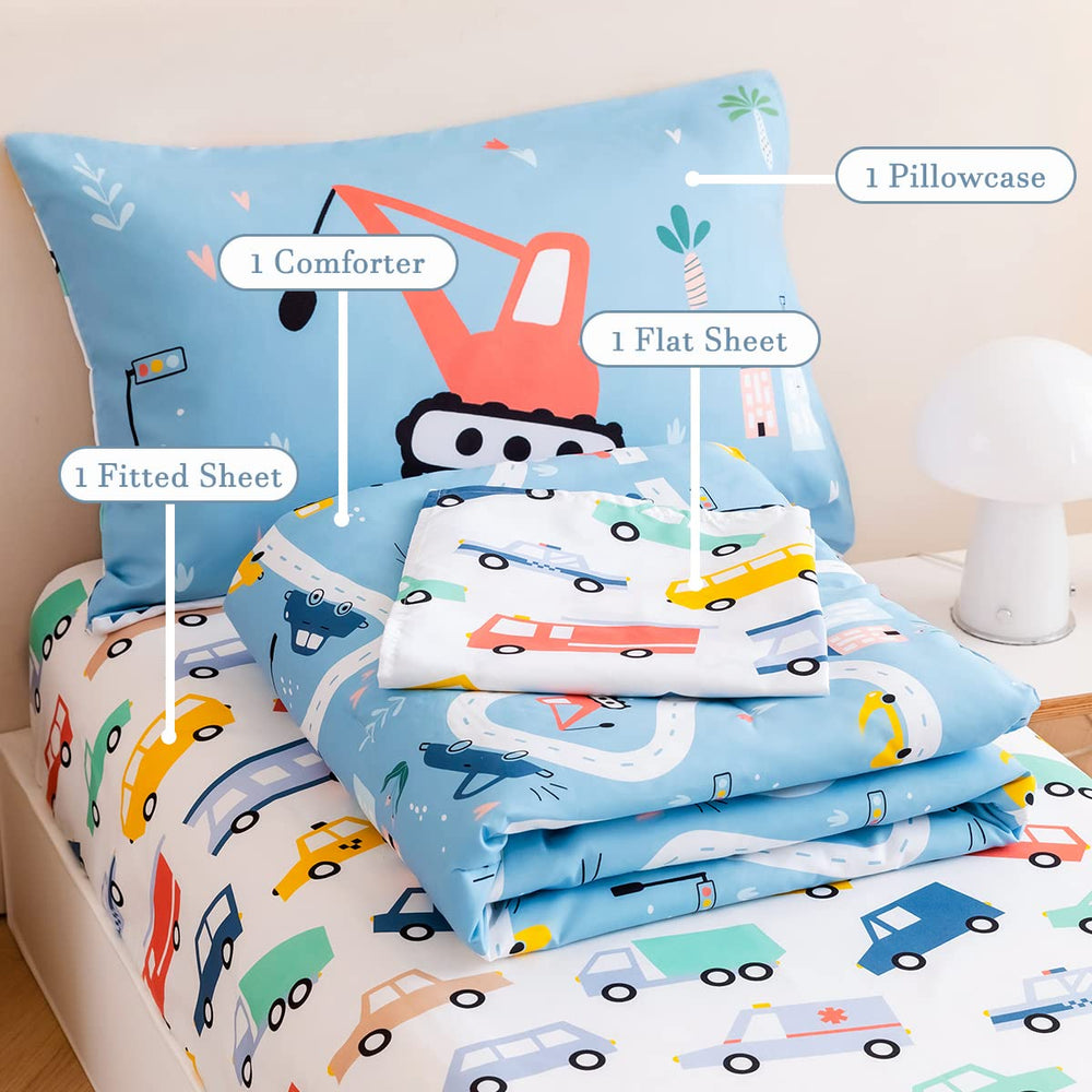 PERFEMET blue vehicles-themed bedroom setup promotes imaginative play and comfort