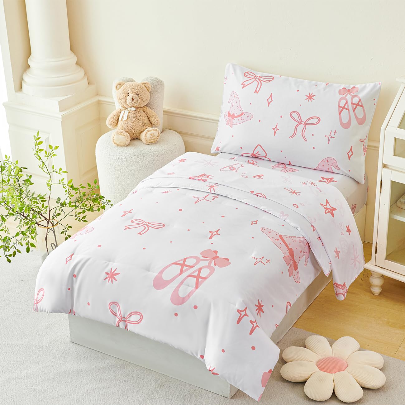 PERFEMET bow comforter toddler pink reversible-pattern showcases princess-style decor option.