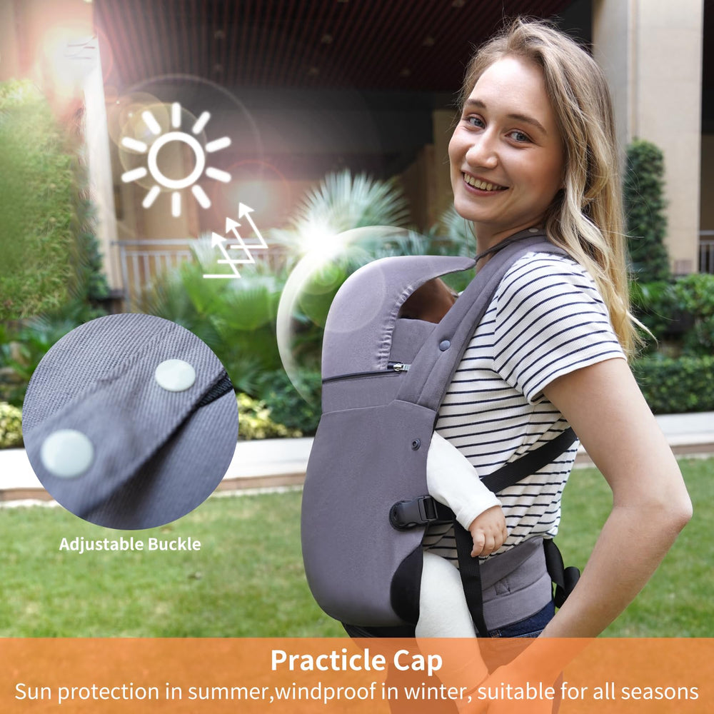 Perhanmm baby carrier in back-carry mode for hands-free hiking.