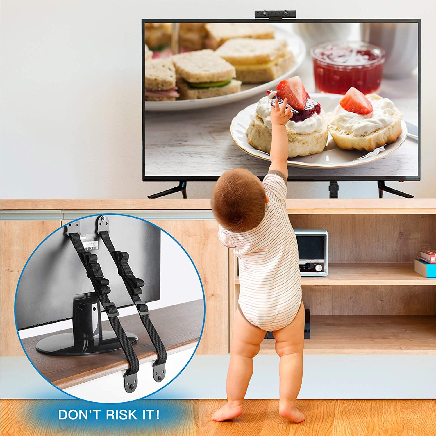 PERLESMITH PSAS1 dual-straps-pack demonstrates heavy-duty safety for TVs and furniture.