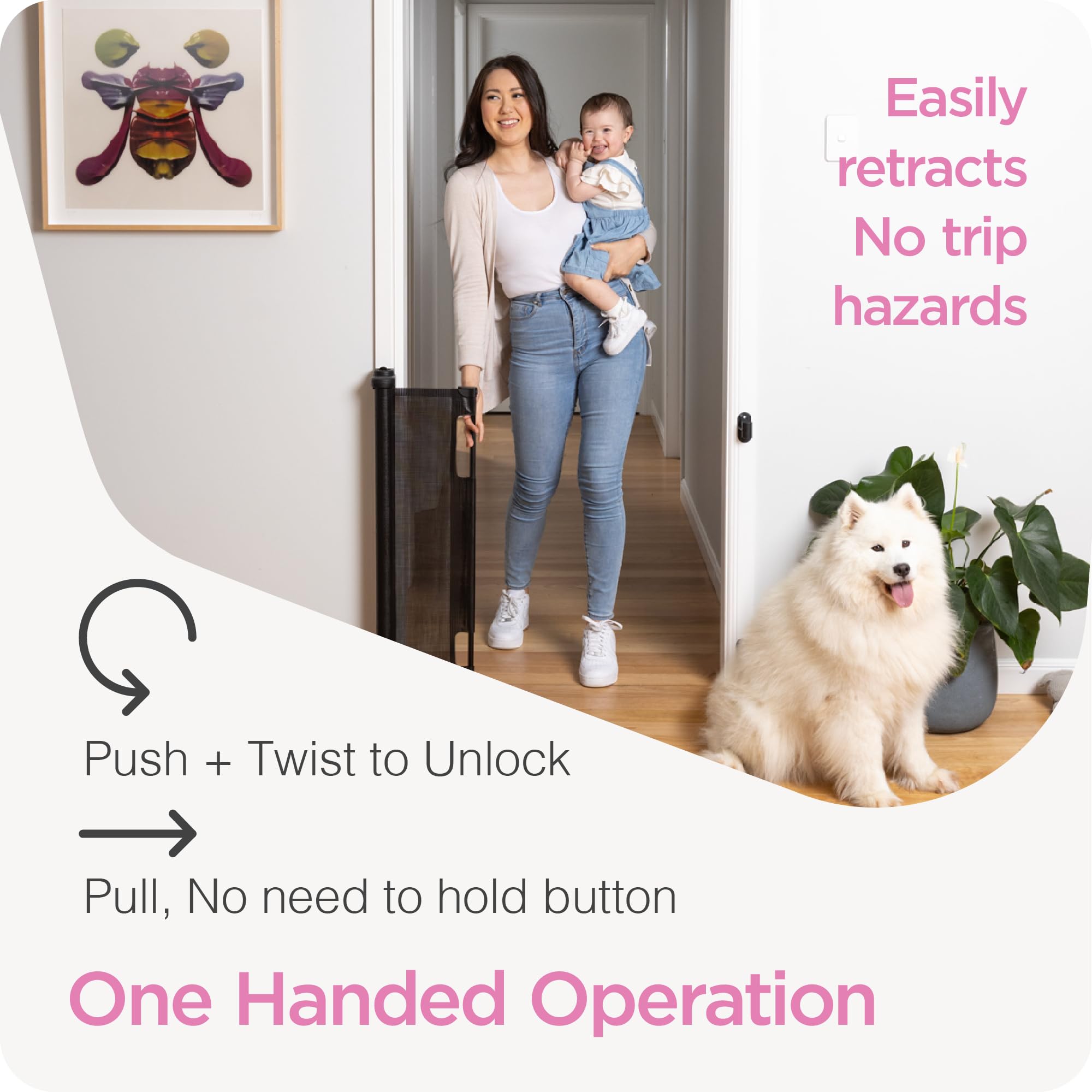 Perma Child Safety retractable gate extended for stair entry control.