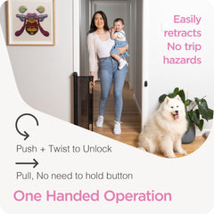 Perma Child Safety retractable gate extended for stair entry control.