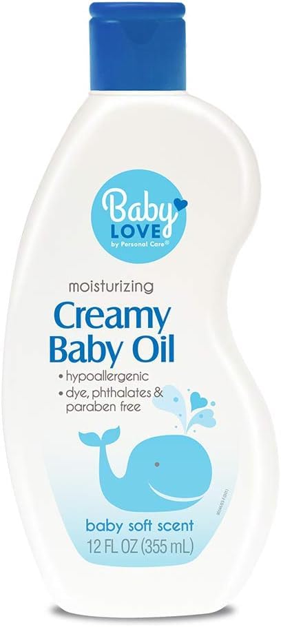 Personal Care Baby Oil 3-pack bottle pour close-up for soothing skin hydration.