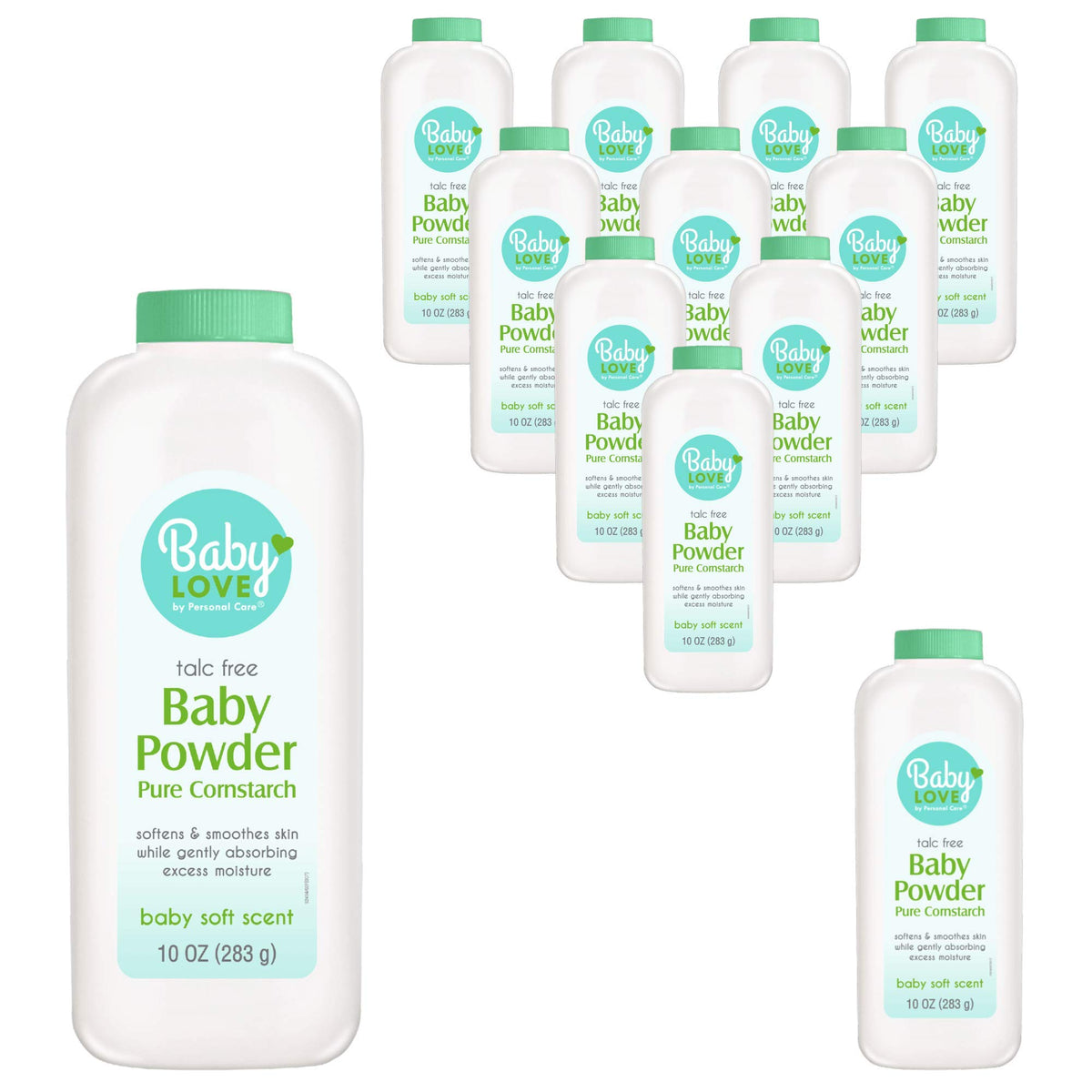 Personal Care Baby Powder bottle label highlights gentle, skin-softening formula.