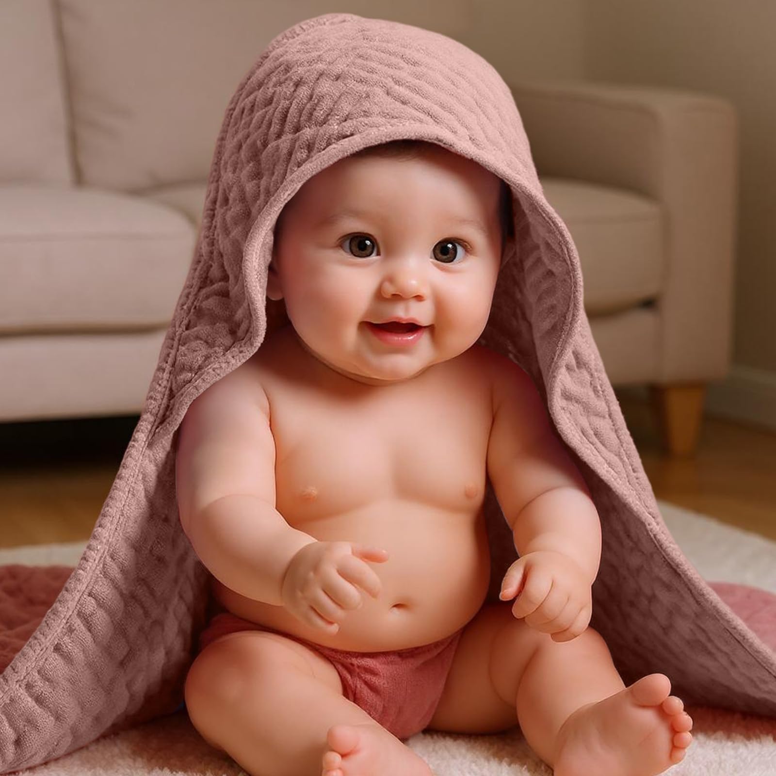Peryiter 32x32 inch hooded towel wraps baby comfortably after bath