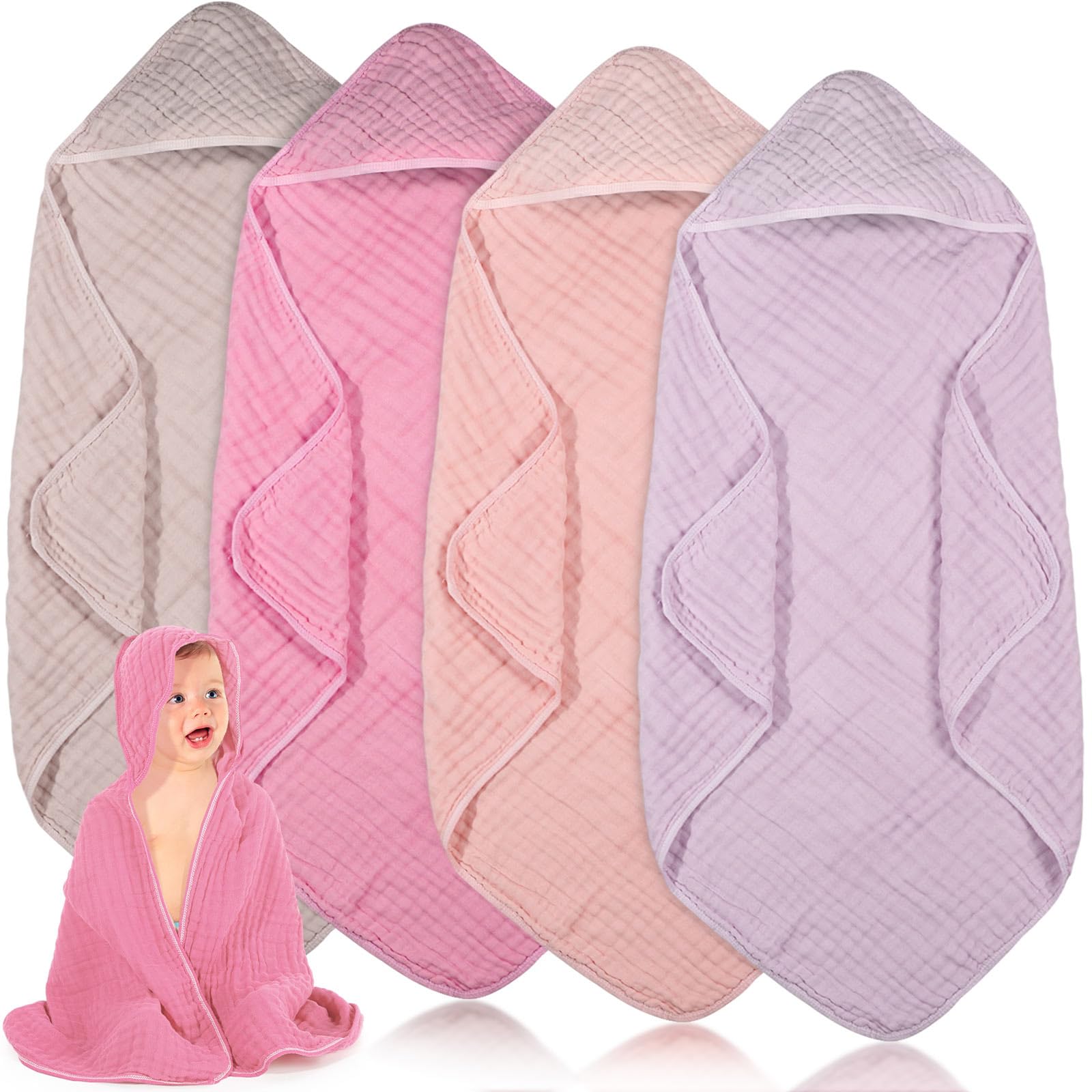 Peryiter 4-pcs muslin hooded baby towels folded, compact absorbent set for post-bath warmth