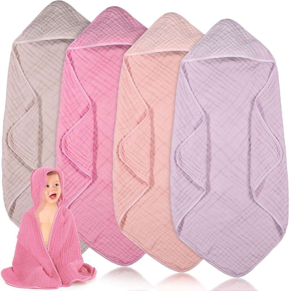Peryiter 4-pcs muslin hooded baby towels folded, compact absorbent set for post-bath warmth