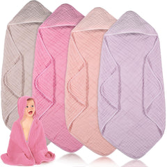 Peryiter 4-pcs muslin hooded baby towels folded, compact absorbent set for post-bath warmth
