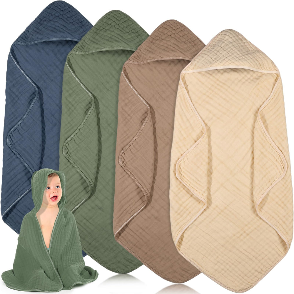 Peryiter 4 Pcs Muslin Hooded Baby Towels green pack for bath time prep.