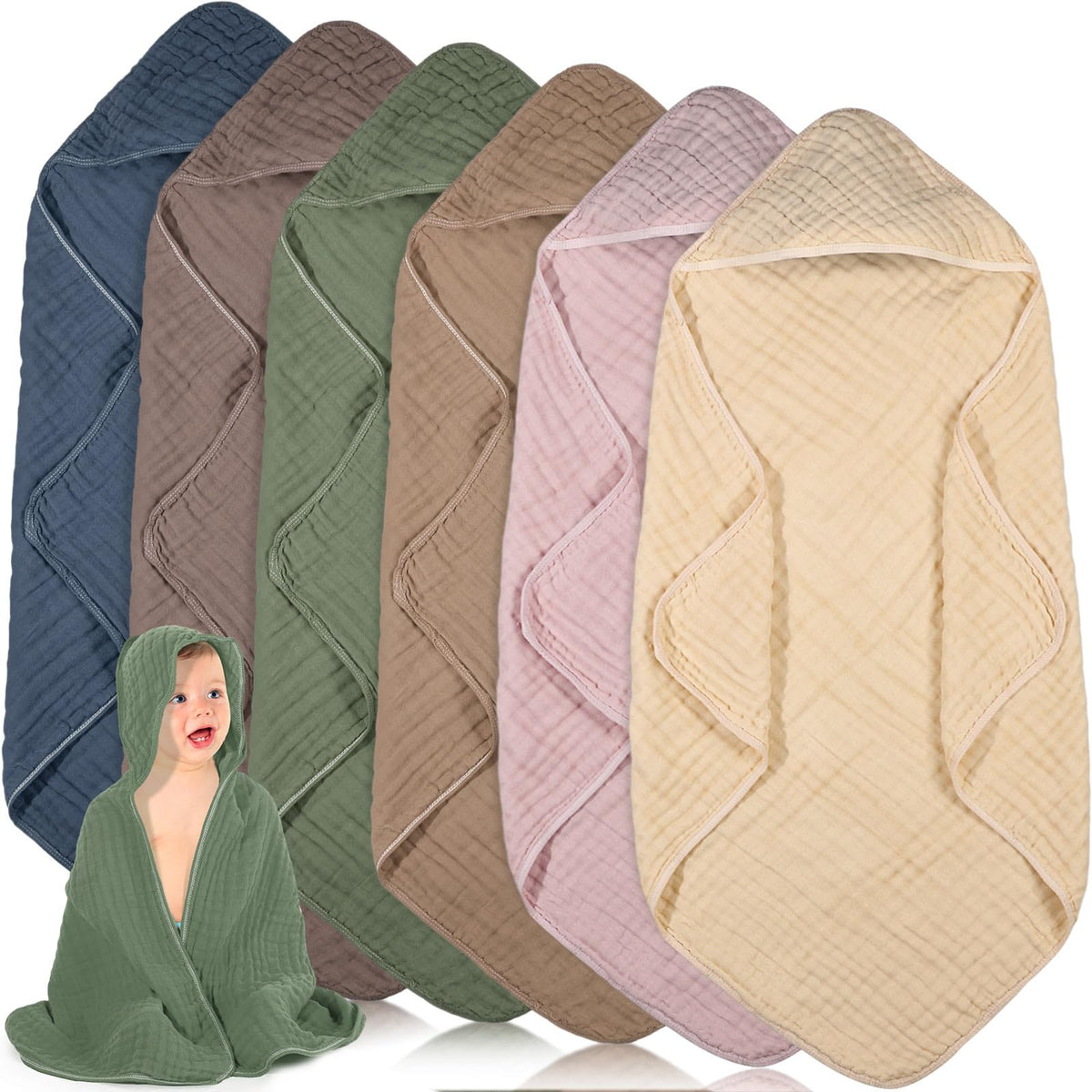 Peryiter six-pack muslin hooded towels brown folded for quick post-bath warmth.