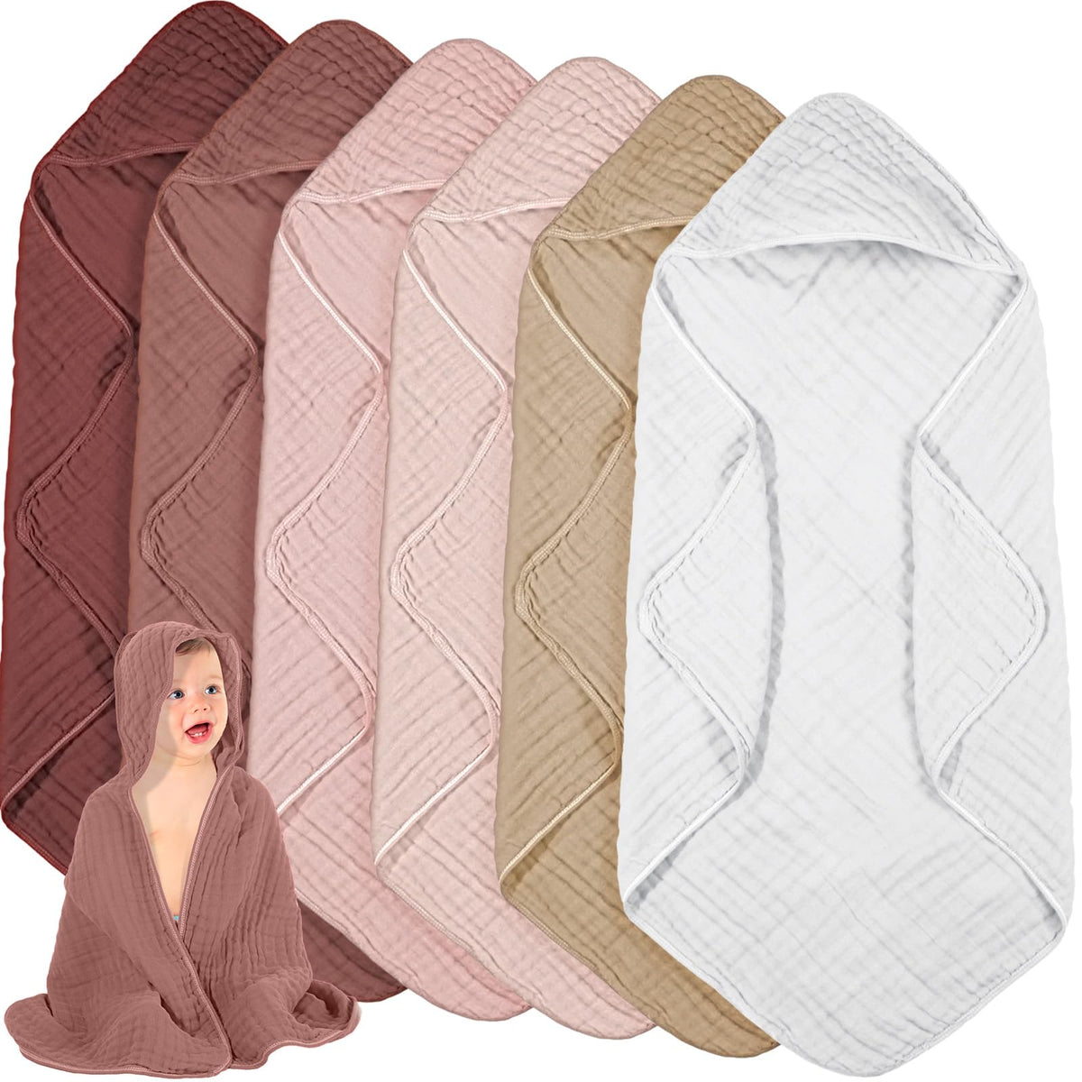 Peryiter 6pc muslin hooded baby towels pack keeps newborn warm and dry