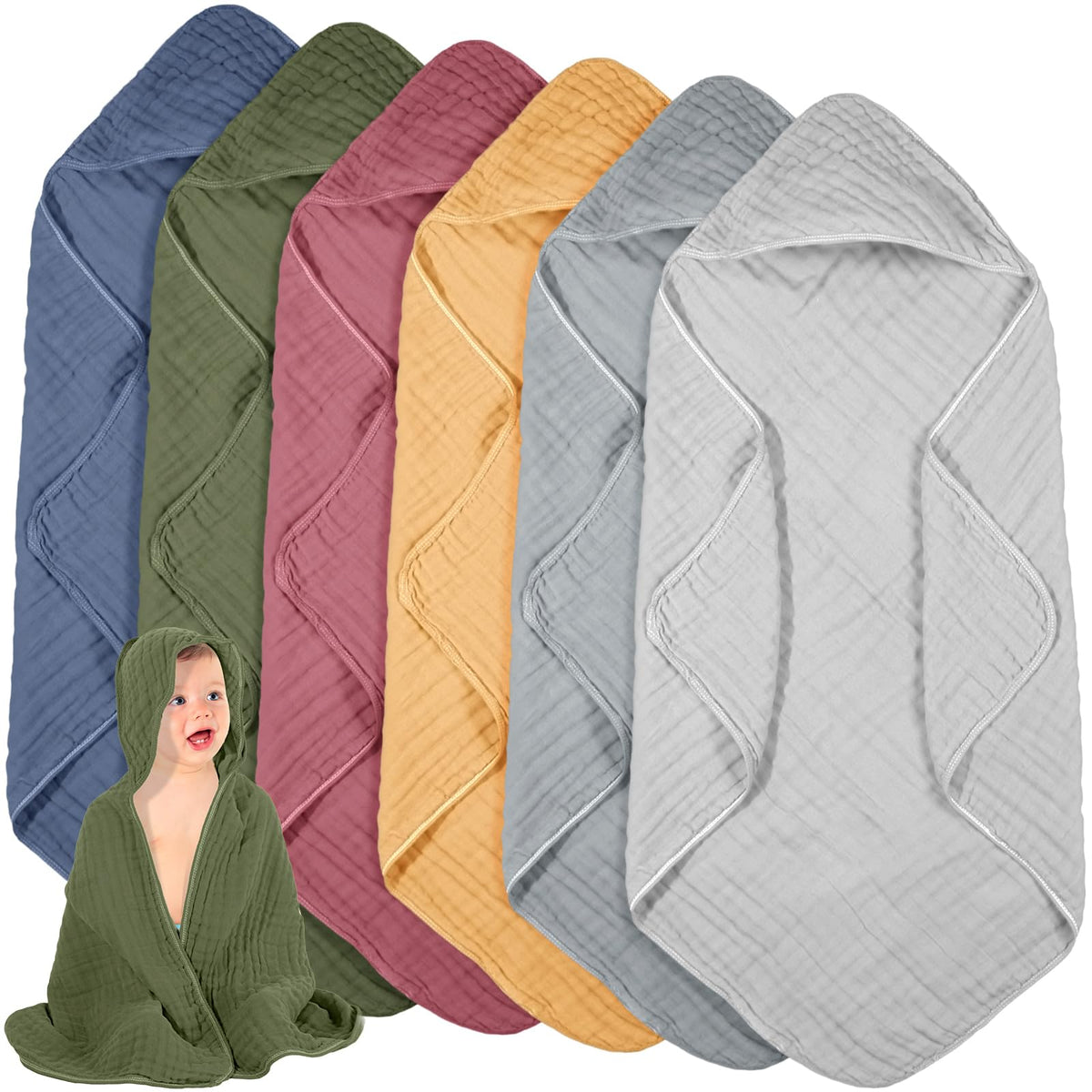 Peryiter 6pc muslin hooded towels pack shows six colors for versatile newborn care.