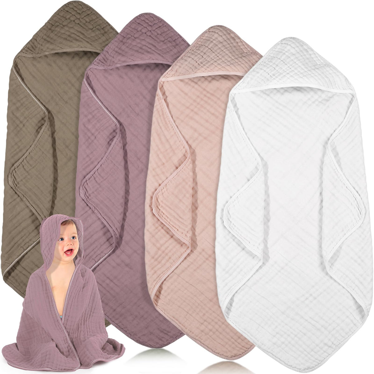 Peryiter four-piece muslin hooded baby towels set in coffee color for bath time.