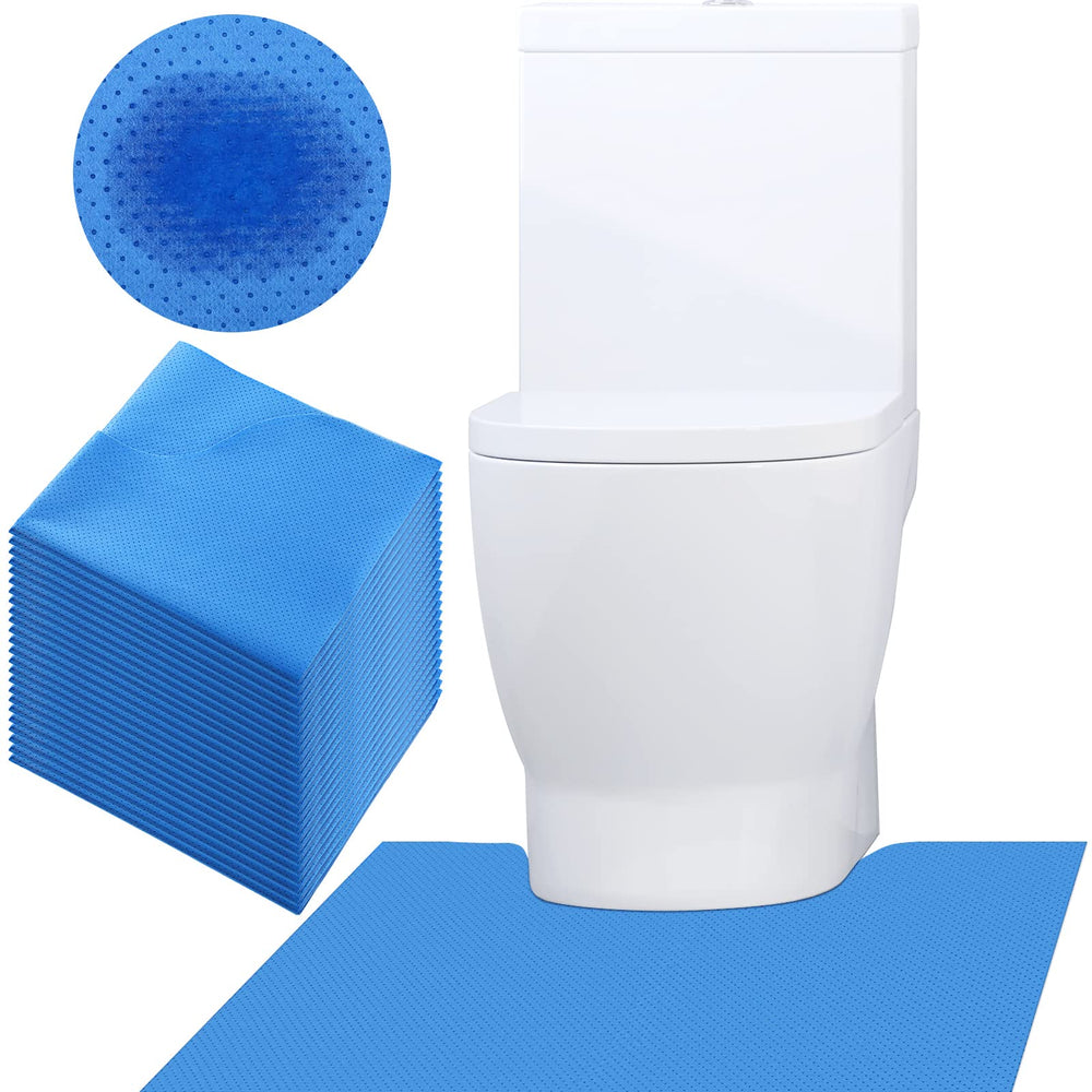 Peryiter blue disposable toilet mats absorb urine and protect the floor around the commode.