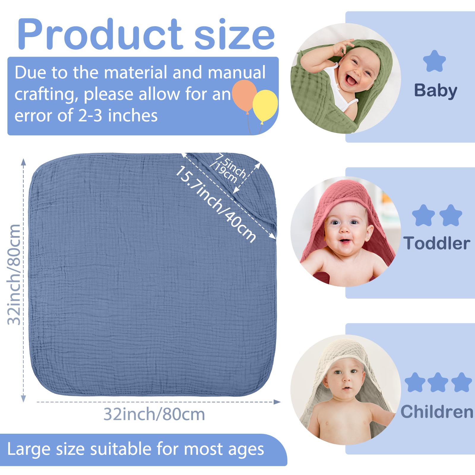 Peryiter hooded baby towel 32x32 inch demonstrates full-body coverage after bath.