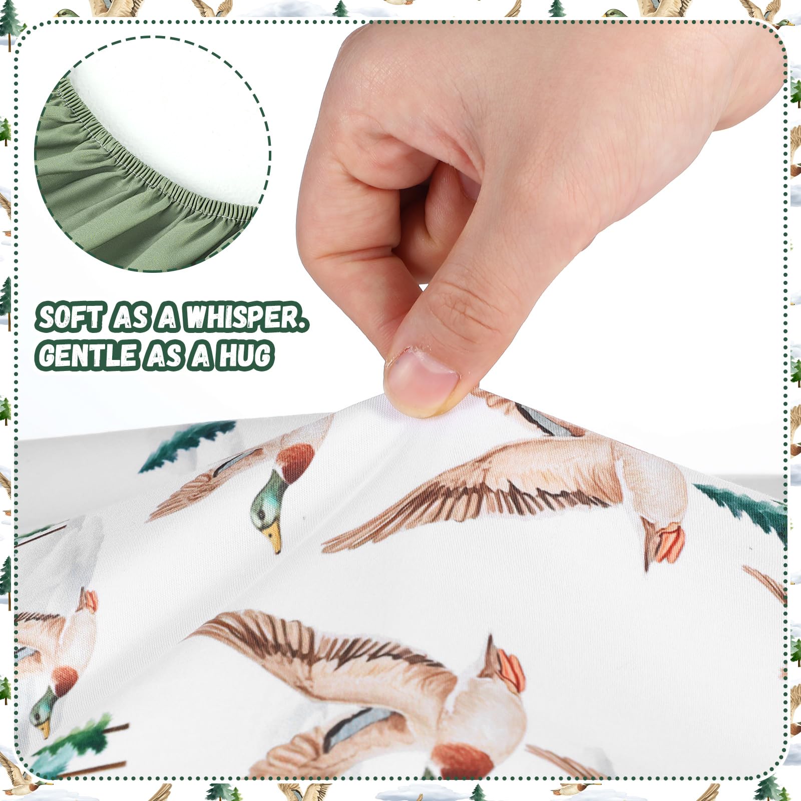 Peryiter Mallard Duck crib sheets feature four-sided elastic edges to stay in place.